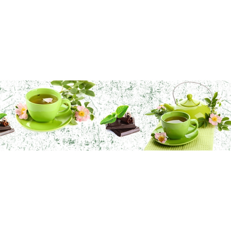 Зеленый чай СА. Фартук для кухни пластик. 3-х метровый